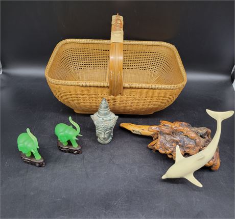 WOOVEN BASKET & ASSORTED COLLECTABLES (ELEPHANTS ARE PLASTIC)