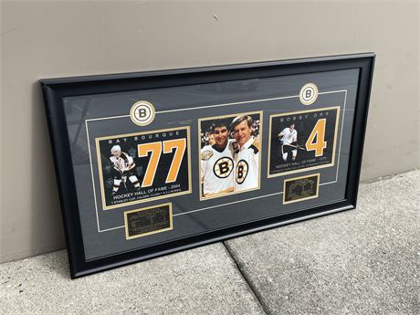 FRAMED BOBBY ORR & RAY BOURQUE W/ STATS 22”x40”