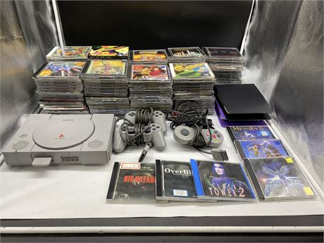 JAPANESE PS1, 3 CONTROLLERS & APPROX 150 REPRODUCTION GAMES (Majority work)