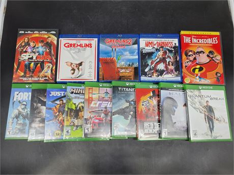 9 XBOX ONE GAMES, 3 BLUE RAY MOVIE & 2 DVD MOVIES