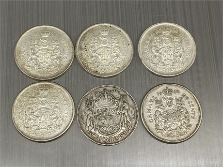 6 VINTAGE CANADIAN SILVER 50 CENT COINS