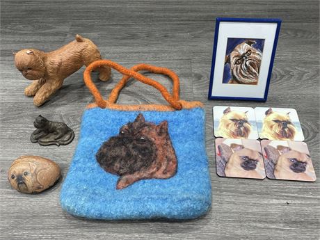 DOG FIGURINES, PICTURE (5.5”X8”), FELTED WOOL PURSE, PAINTED STONE