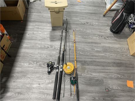 ASSORTED RODS REELS & TRIDON COOLER SEAT