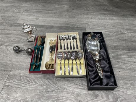 SILVER PLATE SERVING PIECES + SETS INCL: 6 FORKS, 6 SPOONS, 1962 BRASS SEATTLE