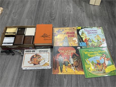 MISC COLLECTABLES INCL: EMPTY BOLOVA WATCH BOXES, 4 DISNEY RECORDS, TOY PISTOLS,