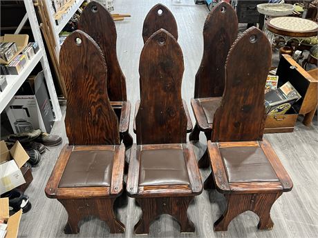 6 VINTAGE SOLID WOOD HIGH BACK CHAIRS (4ft tall)