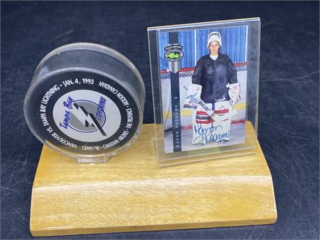 SIGNED MANON RHEAUME CARD & PUCK DISPLAY