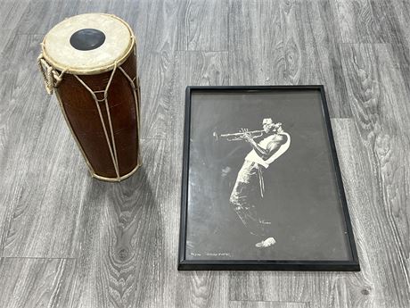 HAND DRUM & NUMBERED MILES DAVIS PRINT (Print is loose from frame)