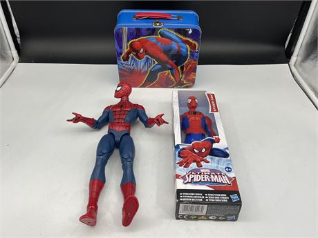 SPIDER-MAN LUNCH BOX + 2 FIGURES (LARGEST IS 13”)