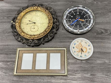 3 CLOCKS & PICTURE FRAME (2 clocks have loose hands that need fixing)