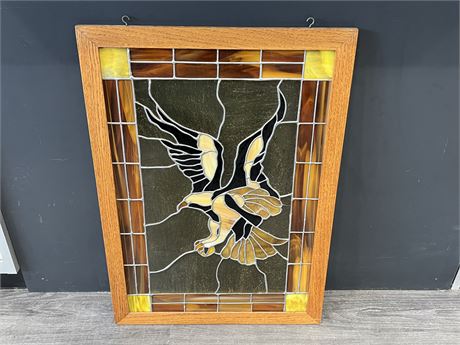 LARGE OAK FRAMED STAINED LEADED GLASS EAGLE PANEL - 22”x31”