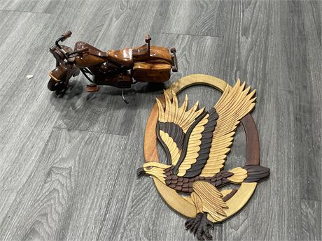 WOODEN MOTORCYCLE / HANGING WOODEN EAGLE (10”x17”)