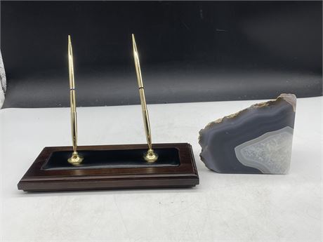 DOCASSO WALNUT + LEATHER LUXURY PEN STAND, PENS, AGATE PAPERWEIGHT