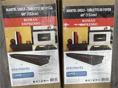 2 NEW ROMAN ESPRESSO MANTLE SHELVES IN BOX - RETAIL $160 / EA