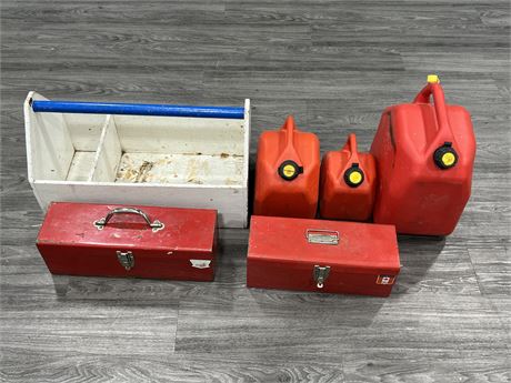 LOT OF TOOL BOXES & JERRY CANS