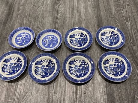 8 WILLOW PATTERN SOUP BOWLS - NORTH STAFFORDSHIRE & JOHNSON BROS