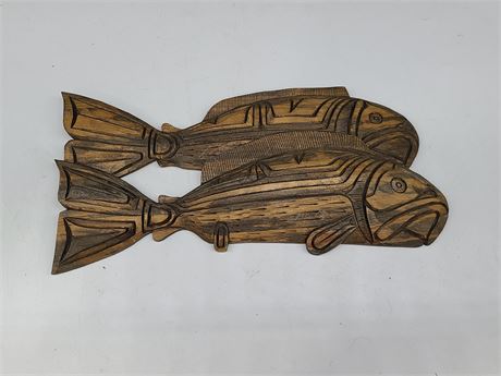 SIGNED MIKE GEORGE SALMON CARVING & EAGLE DANCER HAND CARVED  (10"x5"Dm & 13.5")