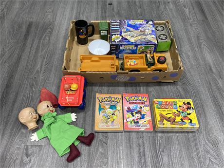 BOX OF VINTAGE TOYS - FISHER PRICE, RELIABLE COMPOSITION DOPEY & MORE