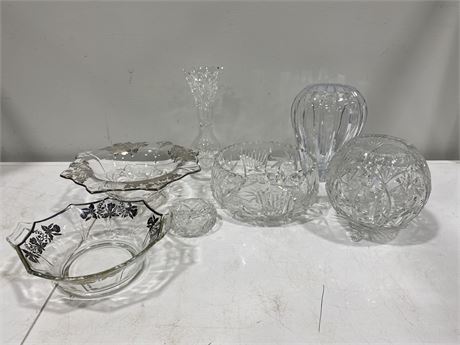 2 SILVER OVERLAY BOWLS & 5 CRYSTAL PIECES