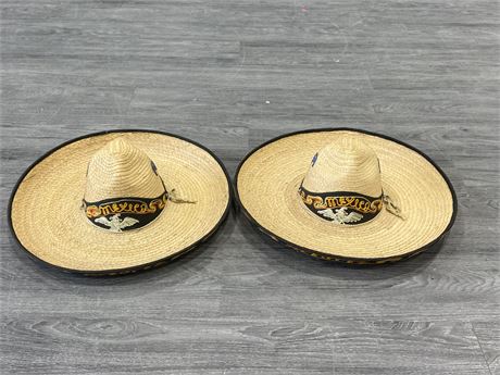 2 VINTAGE MEXICAN SOMBRERO W/HAND STITCHED DETAILS (18”)