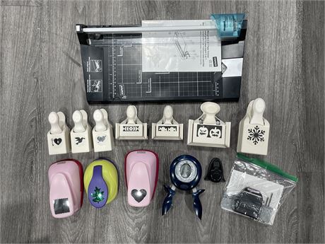 PAPER CUTTER & 13 ASSORTED PAPER PUNCHES