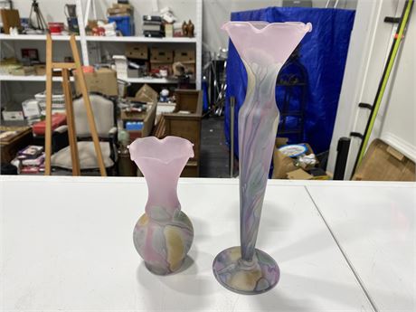 2 NOUVEAU ART GLASS VASES (10” tall)