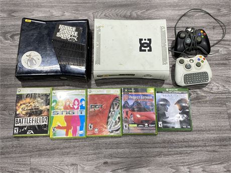 2 XBOX 360s, 2 CONTROLLERS, 5 MISC GAMES (No cords, as is)