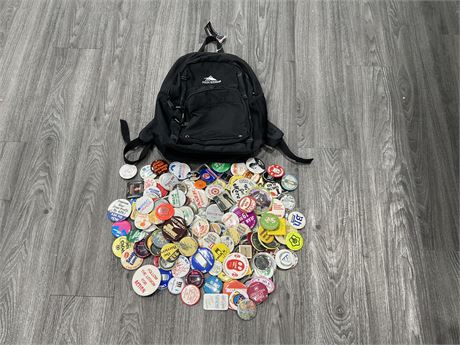 APPRX 180 VINTAGE PINS W/ NEW BACKPACK