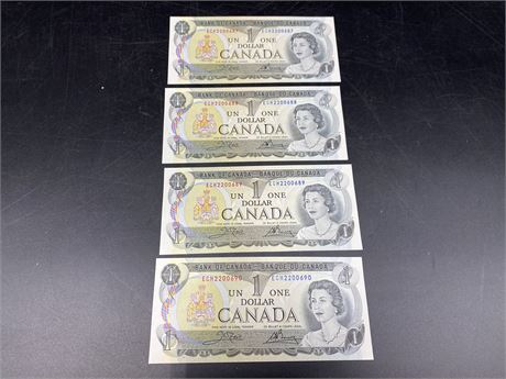 4 -1973 SEQUENCED CANADIAN $1 BILLS (new from bundle)