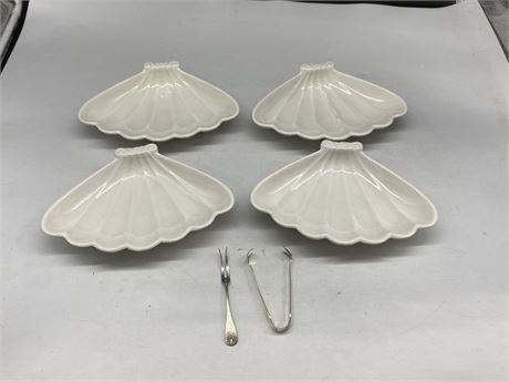 4 WHITE SHELL SHAPED USA MADE PLATTER PLATES & 2 BIRKS CUTLERY PIECES