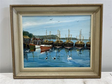 VINTAGE OIL ON CANVAS FISHING BOATS SIGNED DAPHNE (22.5”X18.5”)
