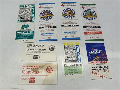 8 UNUSED TICKETS FOR PNE/AGRIFAIR 1990’S