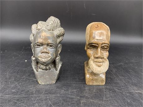 2 OLD SOAPSTONE HAND CARVED AFRICAN HEAD SCULPTURES