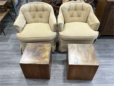 2 CUSHIONED CHAIRS W/WOOD SIDE TABLES (Tables are 16” tall)