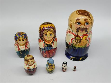 VINTAGE 7 RUSSIAN NESTING DOLLS, SIGNED (7.3"Height)