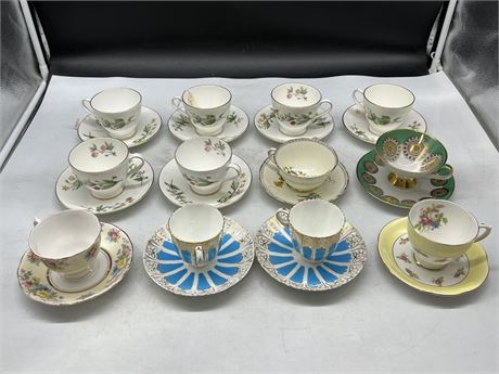 12 SETS OF MISC CUPS & SAUCERS