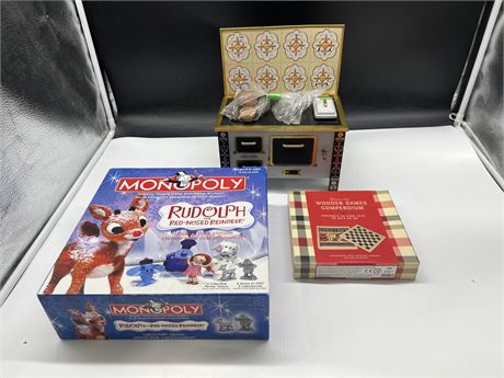 RUDOLPH MONOPOLY, FIVE IN ONE GAMES & VINTAGE STOVE TOY
