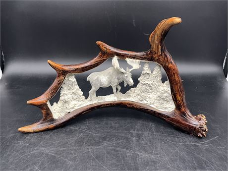 HAND CRAFTED MOOSE IN ANTLER (15” LONG)