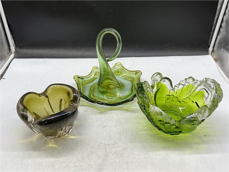 3 GREEN GLASS BOWLS - 1 IS CHALET (widest is 9”)