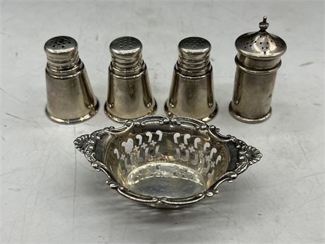 STERLING S&P SHAKERS & STERLING DISH - 106 GRAMS TOTAL