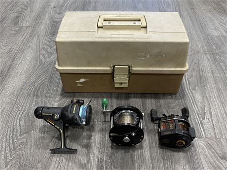 PLANO TACKLE BOX W/CONTENTS & 3 REELS