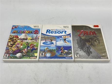 3 WII GAMES - WII SPORTS RESORT, TWILIGHT PRINCESS AND MARIO PARTY 8