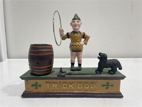 CAST IRON TRICK DOG COIN BANK - REPRODUCTION - 8” LONG