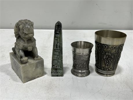 EGYPTIAN CARVED MARBLE OBELISK, CARVED CHINESE MARBLE FOO DOG, 2 PEWTER CUPS