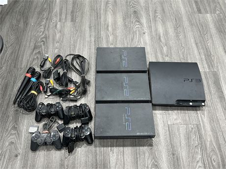 LARGE PLAYSTATION LOT - 4 CONSOLES, 4 CONTROLLERS, CORDS & MICS (UNTESTED)
