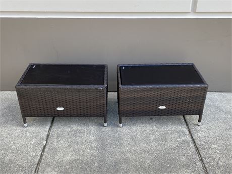 2 WICKER TABLES WITH GLASS TOPS (27.5”x16”x16”)