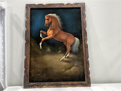 KITSCH VELVET ART OIL ON VELVET HORSE SIGNED GAREOLA 29”x39”