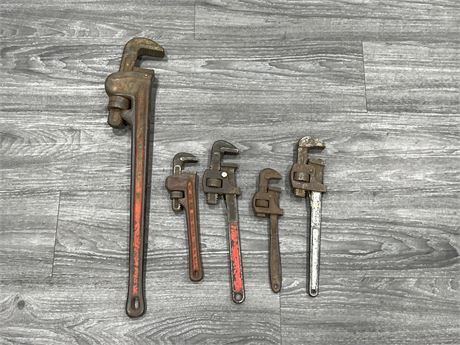 5 ASSORTED SIZED WRENCHES - LARGEST IS 24”