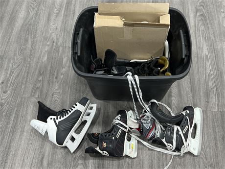 BIN OF MISMATCHING ICE SKATES / ACCESSORIES - AS IS