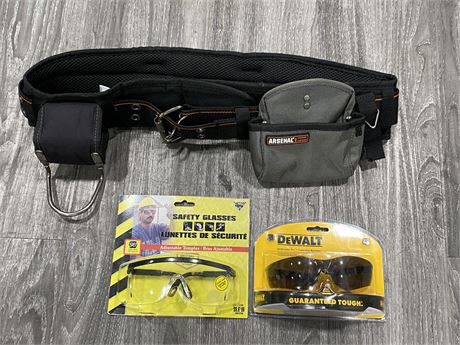 ARSENAL 5555 LARGE 5” TOOL BELT NEW W/2 PAIRS OF NEW SAFETY GLASSES